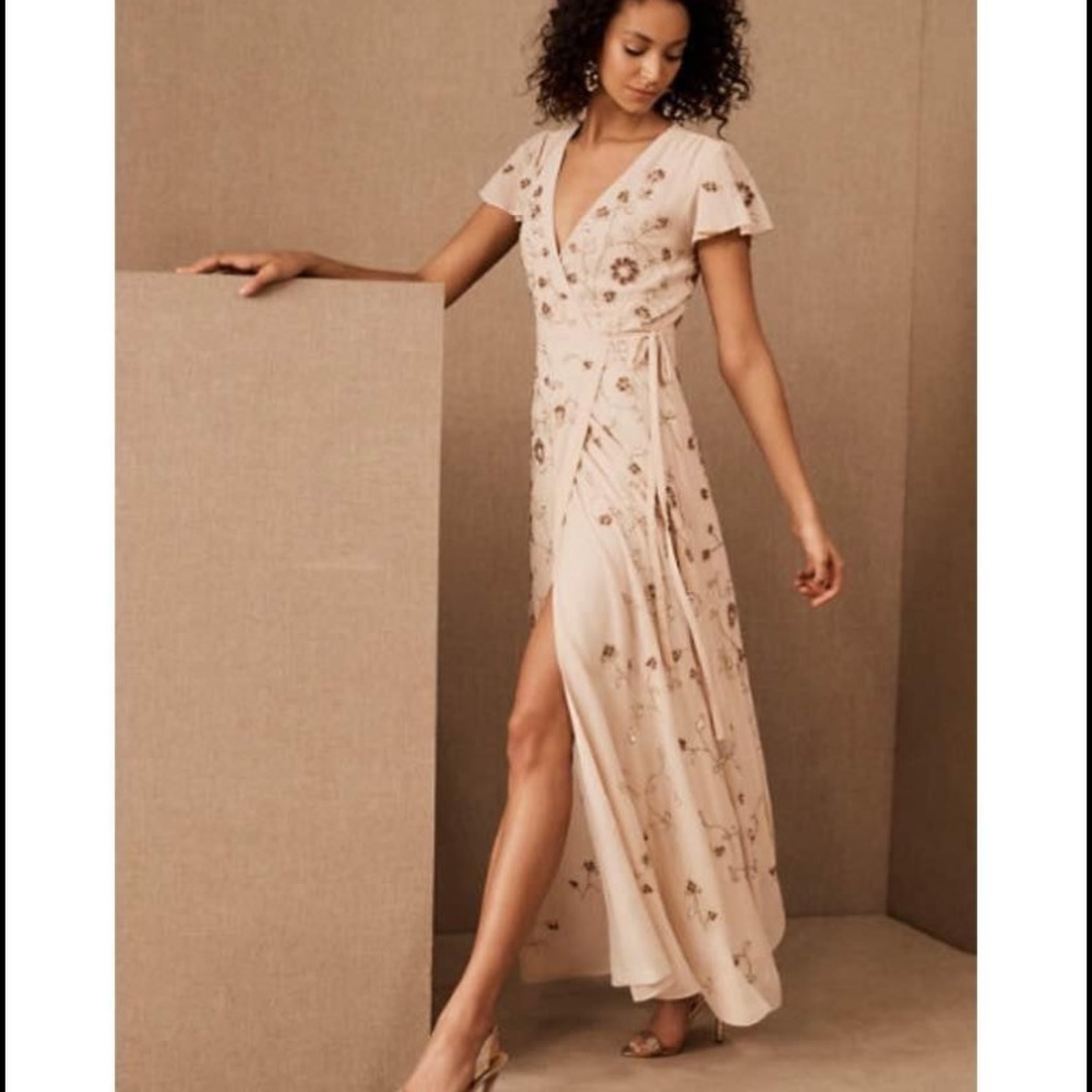 BHLDN Anthropology Blush Beaded Wrap Dress